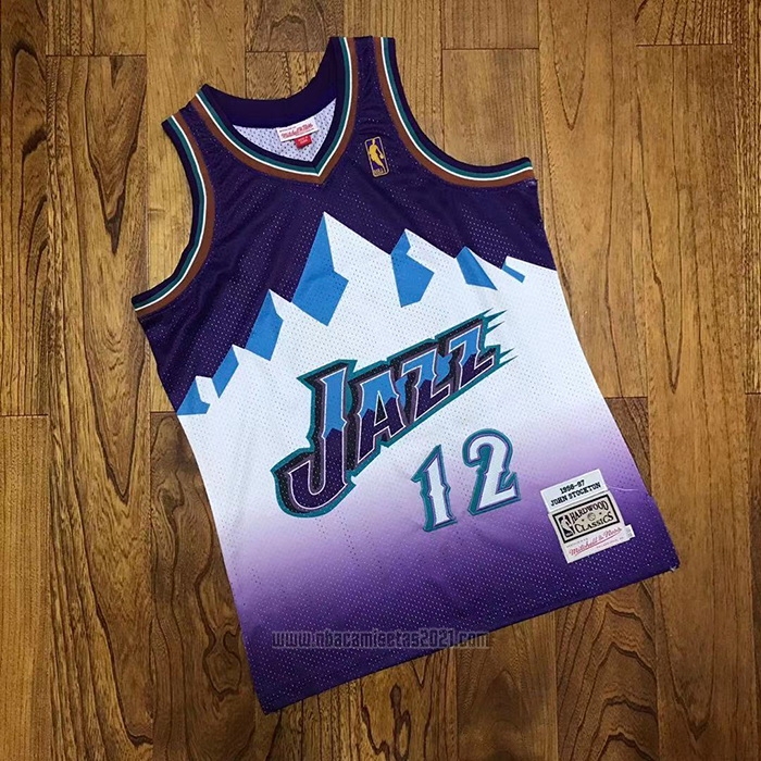 Camiseta Utah Jazz John Stockton #12 Hardwood Classics Throwback 1996-97 Violeta